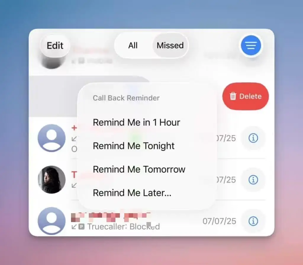 不再忘记回电话,苹果iOS 26系统“电话”App新增提醒回电功能 iOS 26 missed call reminder