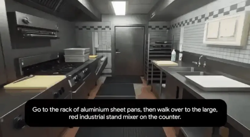 图注：走到一个铝架子旁边，然后走到那个大型的红色工业搅拌机旁边